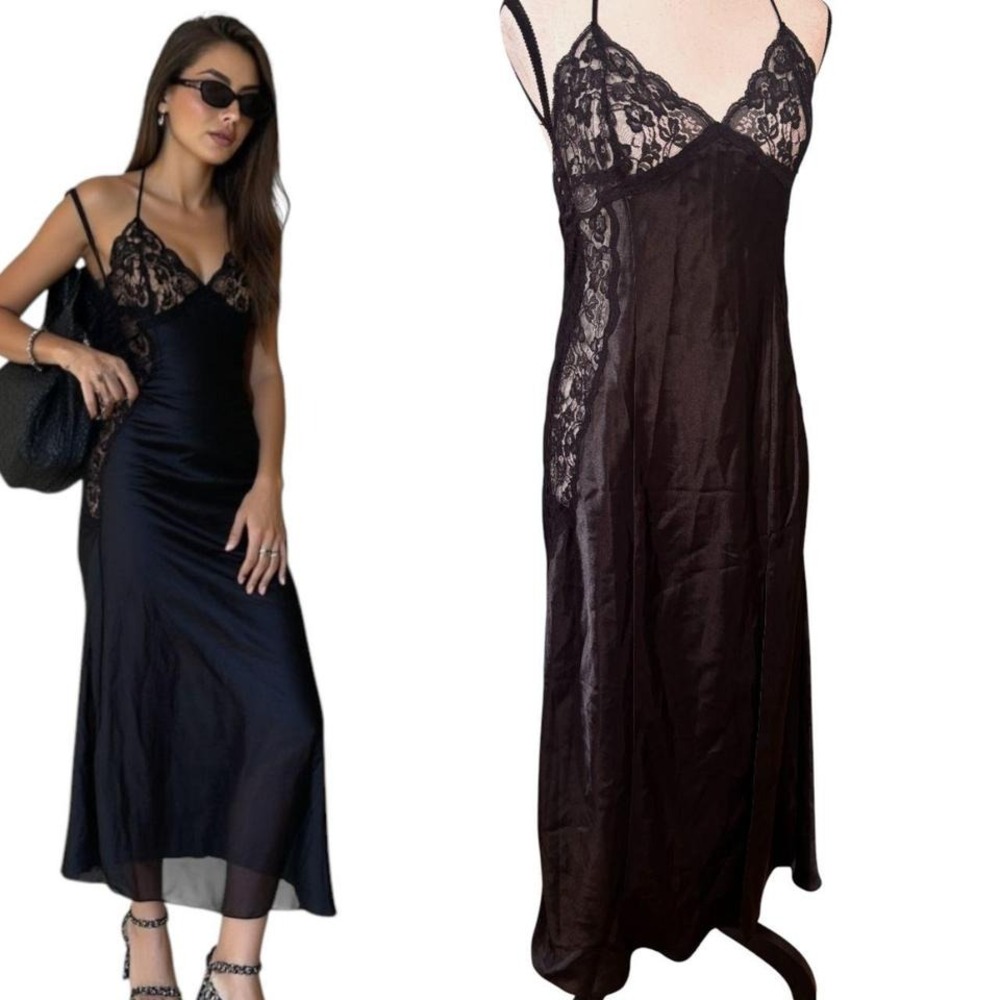Y2K VINTAGE FREDERICKS OF HOLLYWOOD BLACK LACE SATIN MAXI GRUNGE DRESS MEDIUM - Picture 2 of 6